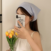 韩版蓝色格子三角头巾女夏法式包头丝巾发带复古三角巾ins高级感