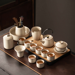 米黄汝窑功夫茶具套装家用陶瓷茶壶盖碗，茶杯茶盘轻奢高档喝茶中式