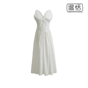 法式复古白色吊带连衣裙女夏季收腰显瘦性感深v领长裙子