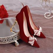 婚鞋女2023年新娘鞋酒红色秀禾婚纱不累脚高跟鞋法式结婚红鞋