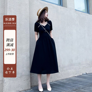 黑色方领连衣裙长款女夏季2024年法式风雪纺收腰显瘦气质长裙