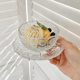 韩国ins网红复古浮雕玻璃，咖啡杯碟套装下午茶，甜品布丁冰淇淋小碗
