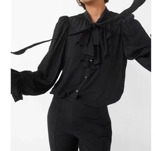 瑞典外贸原单黑色荷叶边飘带蝴蝶结长袖单排扣通勤女士衬衫