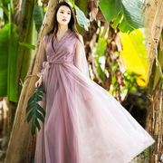 棉麻记改良汉服紫色长裙，2023年古装连衣裙高腰，气质裙子仙女裙