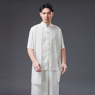 夏季潮流上市宽松型白色纯色对襟中式立领薄款衬衫短袖国风男