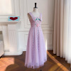 法式复古浅紫色网纱连衣裙宴会生日派对礼服中长款67789