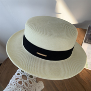 白色平顶草帽子女夏潮百搭休闲度假沙滩，遮阳网红帽日系小沿礼帽