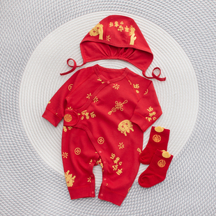 红色连体衣婴儿帽子袜子套装龙宝宝(龙宝宝，)本命年衣服满月服喜庆0一2月