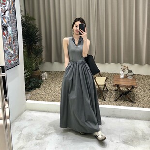 拼接法式无袖连衣裙2023春夏季收腰显瘦赫本风半拉链高腰背心长裙