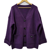 秋冬加厚紫色宽松慵懒毛衣，外套纯色女中长款软糯针织，开衫上衣百搭