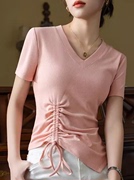 潮牌1212粉色t恤女短袖夏季莫代尔v领修身设计感小众侧腰抽绳上衣