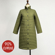 日本原单军绿色中长款白鸭绒(白鸭绒)羽绒服，女秋冬条纹立领保暖轻薄外套