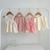 2023秋装婴儿套装网纱泡泡，袖上衣+粉色蝴蝶结吊带裙女宝宝两件套