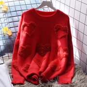 红色加厚圆领套头毛衣女(毛衣女)宽松慵懒风冬季2023韩版洋气针织上衣