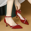 红色婚鞋女细跟单鞋 6公分小跟不累脚包头凉鞋尖头珍珠伴娘高跟鞋