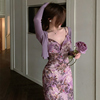 大码女装夏季法式纯欲紫色碎花吊带裙开衫胖mm气质开叉长裙子