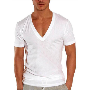 定制夏季男士紧身运动V领短袖T恤弹力纯棉低领修身打底纯色