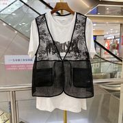 24862 韩版时尚休闲字母短袖T恤+复古盘扣薄蕾丝马甲外披套装夏