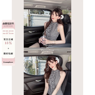 CreamySweet 智性美人 100棉木耳边格纹无袖衬衫女复古修身上衣