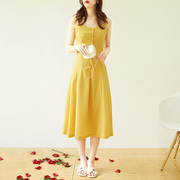 黄色吊带连衣裙夏季法式网红高腰修身长款点点收腰波点裙女