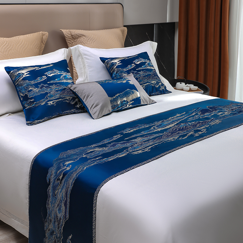 新中式床旗床尾巾山水提花床尾，装饰布条酒店宾馆床头软，靠包定制(包定制)
