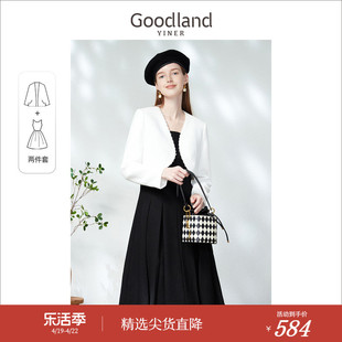 Goodland美地女装春季方领赫本风短外套背心连衣裙两件套
