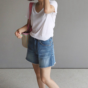 K38韩国女装2024磨白抓纹做旧洗水简约夏季女短裤全棉牛仔