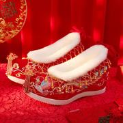 汉服婚鞋女冬加绒棉鞋古风红色秀禾鞋中国风中式结婚鞋古装绣花鞋