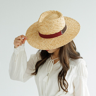 欧美风格春夏双色织带草帽时尚手编拉菲草遮阳帽沙滩度假帽子