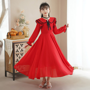 女童洋装秋装红色2023女孩秋款大童公主裙长袖，儿童裙子雪纺长裙
