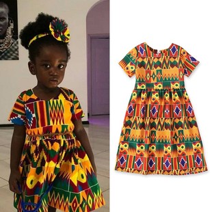 africankidclothes欧美女童，非洲波西米亚风格短袖，连衣长裙童装