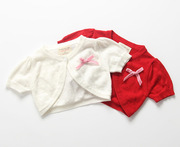 女宝宝短袖开衫薄款夏天针织衫白色，红色洋气中小童搭配裙子一粒扣