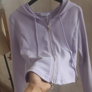 香芋紫纯棉针织短外套，女长袖磨毛，春秋衫大码修身短款运动休闲上衣