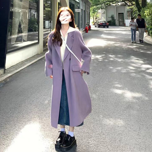 呢子大衣女中长款紫色毛呢外套，秋冬赫本风高级韩系气质小个子