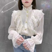 2023韩版蕾丝花边拼接半高领纯色雪纺，衬衫喇叭袖纯色上衣
