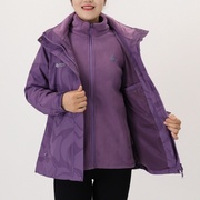 时尚印花妈妈装秋冬外套女士，中老年大码冲锋衣两件套加厚绒保暖紫
