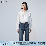 lily2024春女装温柔花边，领时尚系带领通勤宽松垂感长袖白衬衫