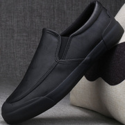 男鞋春季2024年一脚蹬冬季加绒棉鞋男士休闲商务正装黑色皮鞋