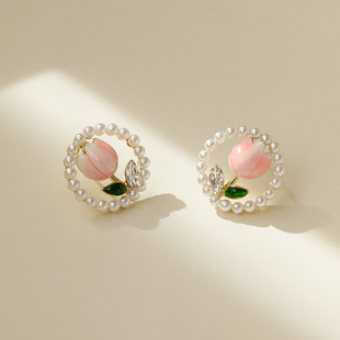 郁金香耳钉可爱甜美粉色花朵，耳环小清新925银针，耳饰女小众设计