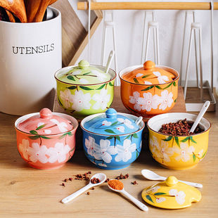 创意日式手绘家用厨房陶瓷带勺子带盖调味罐瓶盐罐味精油泼辣子罐