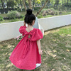 女童裙子泡泡袖格子系带韩版连衣裙，公主裙女宝宝夏装外贸童装