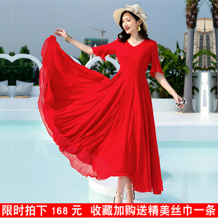 2023夏季沙滩长裙，红色雪纺连衣裙女长款大摆显瘦超长裙子仙黑