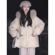 白色连帽羽绒服女2024冬季宽松面包服时尚小个子加厚棉服外套