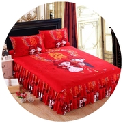 新婚庆床裙款四件套全棉被套大红色结婚床品1.8米床套床盖床罩式