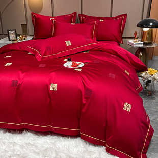 结婚四件套婚庆婚房喜被床单，刺绣被套被单婚礼欧式大红色床上用品