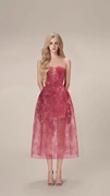 时尚浆果枚红色蕾丝透视高级感显瘦连衣裙礼服