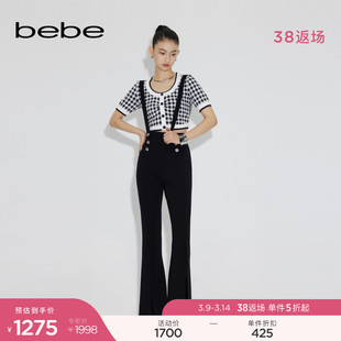 bebe2023春夏系列女士长款高腰背带双排扣开叉喇叭休闲长裤111007