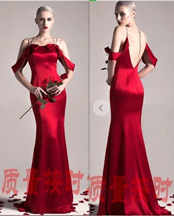 2020大红色新娘结婚敬酒晚礼服修身显瘦大露背性感，时尚伴娘礼服裙