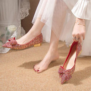 订婚鞋子女孕妇平底新娘鞋红色，水晶公主婚纱，两穿不累脚高级感