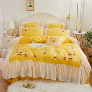 网红款全棉床上四件套床单式被套公主风蕾丝纯棉荷叶边刺绣夏季